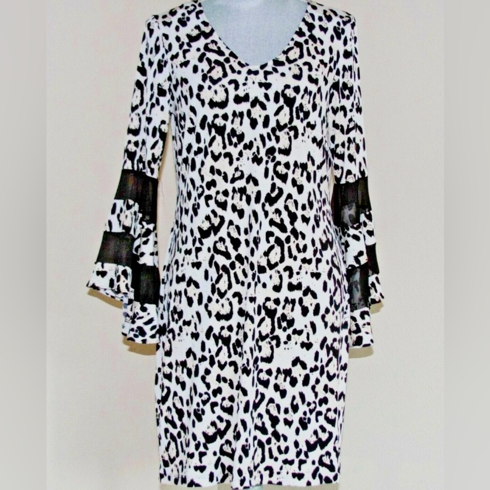 J.B.S. Black and White Animal Print Sheath Dress with Bell Sleeves